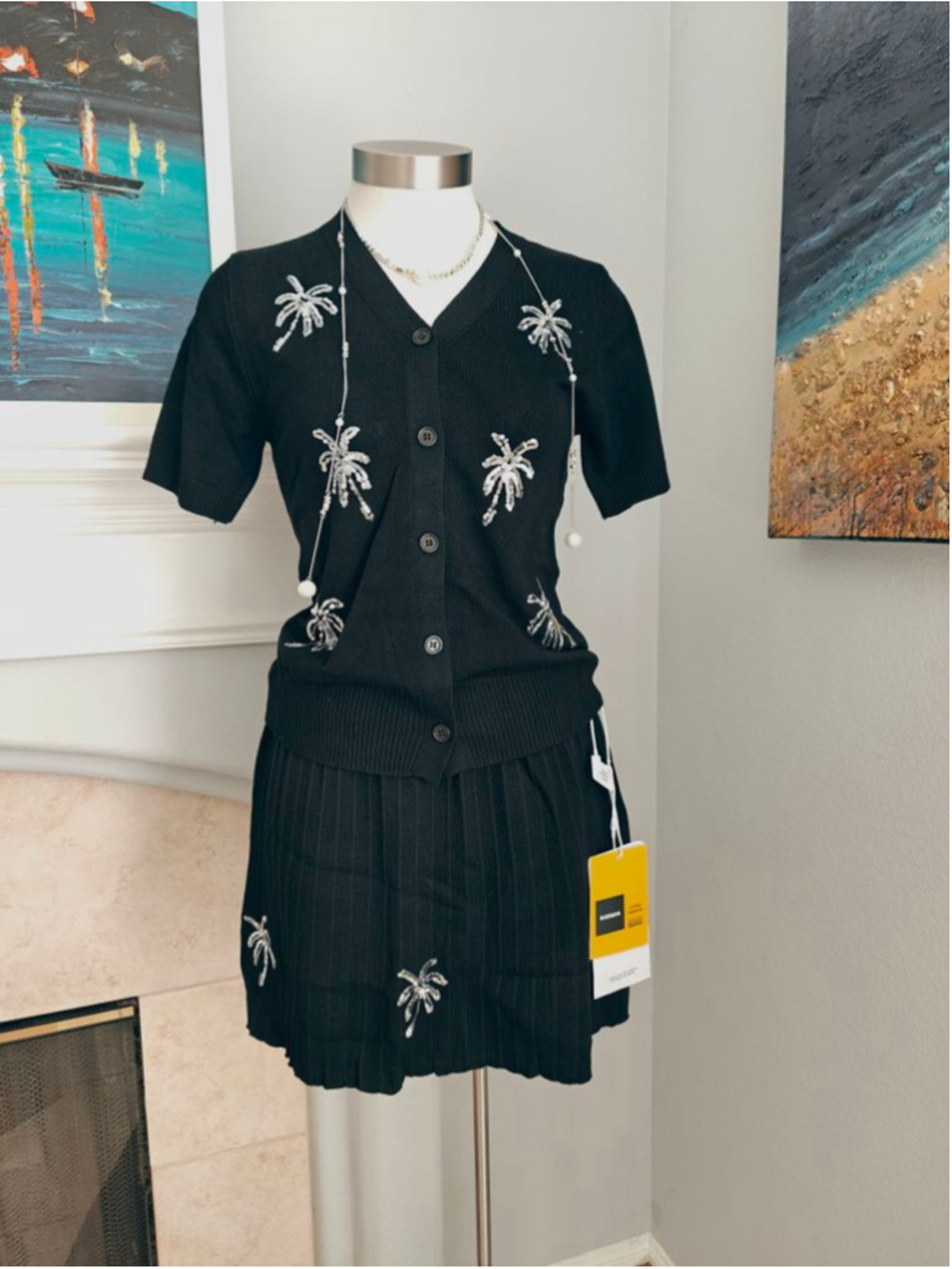 Two-piece Women's Black Silver Palm Tree Skirt Set